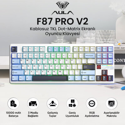 Aula F87 PRO V2 Mekanik RGB TKL Star Vector Switch Kablosuz Makrolu Hot Swap Klavye Lacivert - 2