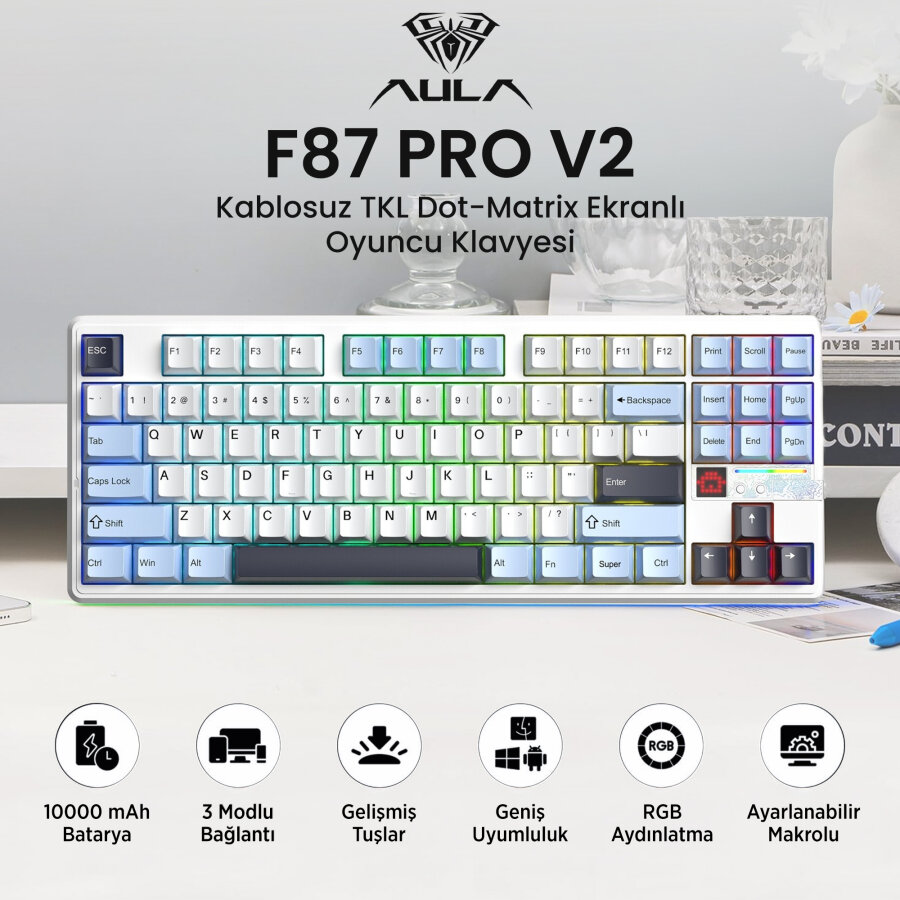 Aula F87 PRO V2 Mekanik RGB TKL Star Vector Switch Kablosuz Makrolu Hot Swap Klavye Lacivert - 2