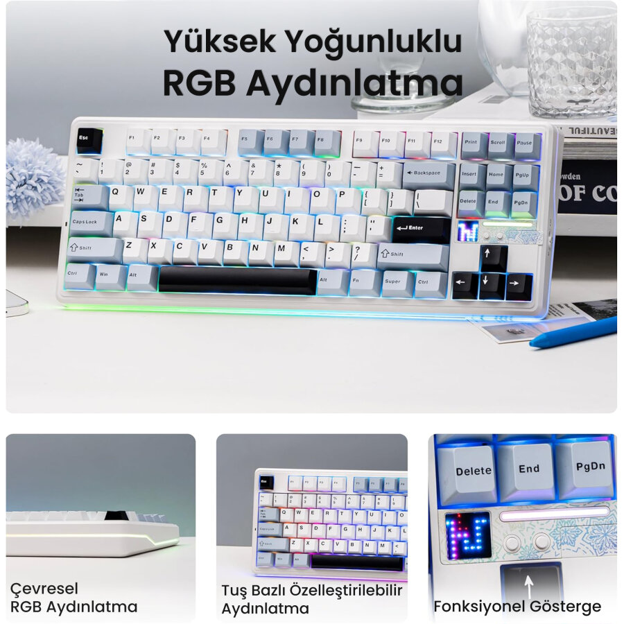 Aula F87 PRO V2 Mekanik RGB TKL Star Vector Switch Kablosuz Makrolu Hot Swap Klavye Lacivert - 4