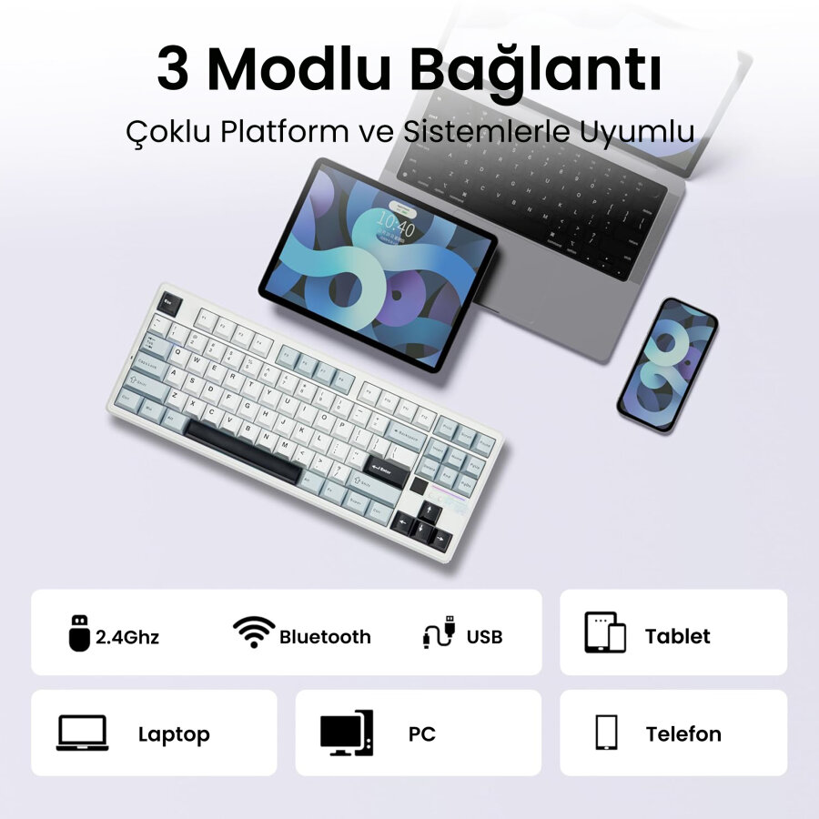 Aula F87 PRO V2 Mekanik RGB TKL Star Vector Switch Kablosuz Makrolu Hot Swap Klavye Lacivert - 6