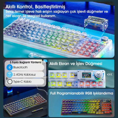 AULA F98 PRO OLED Ekranlı Makrolu Kablosuz RGB Hot-Swap Gasket Pre-Lubed Switch Mekanik Klavye - 4