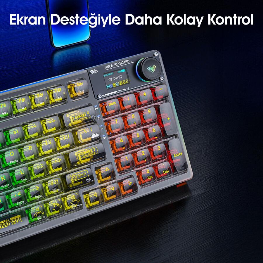AULA F98 PRO OLED Ekranlı Makrolu Kablosuz RGB Hot-Swap Gasket Pre-Lubed Switch Mekanik Klavye - 8