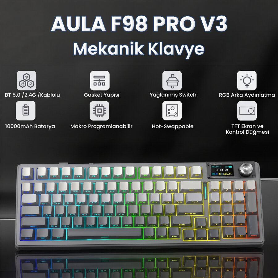 Aula F98 Pro V3 OLED Ekranlı RGB Mekanik Gaming Kablosuz Oyuncu Klavyesi Crystal Switch Hot Swap Gasket Makrolu Gradyan Gri - 2