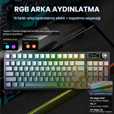 Aula F98 Pro V3 OLED Ekranlı RGB Mekanik Gaming Kablosuz Oyuncu Klavyesi Crystal Switch Hot Swap Gasket Makrolu Gradyan Gri - 3