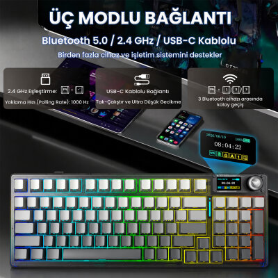 Aula F98 Pro V3 OLED Ekranlı RGB Mekanik Gaming Kablosuz Oyuncu Klavyesi Crystal Switch Hot Swap Gasket Makrolu Gradyan Gri - 4