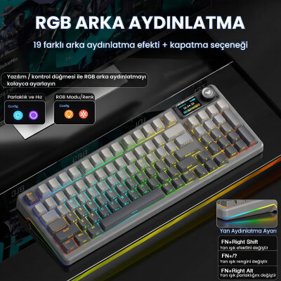Aula F98 Pro V3 OLED Ekranlı RGB Mekanik Gaming Kablosuz Oyuncu Klavyesi Crystal Switch Hot Swap Gasket Makrolu Gradyan Gri - 5