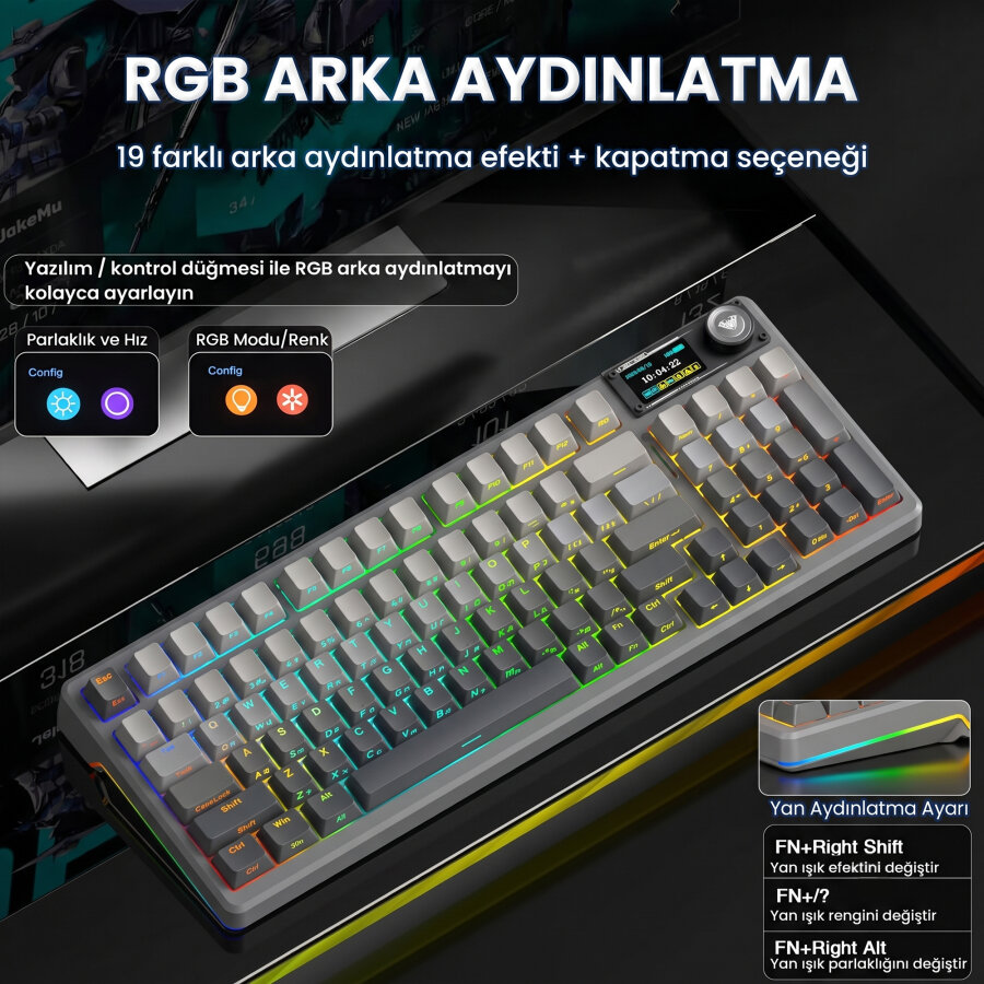 Aula F98 Pro V3 OLED Ekranlı RGB Mekanik Gaming Kablosuz Oyuncu Klavyesi Crystal Switch Hot Swap Gasket Makrolu Gradyan Gri - 5