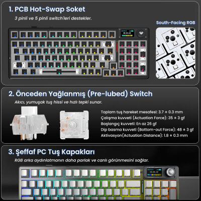 Aula F98 Pro V3 OLED Ekranlı RGB Mekanik Gaming Kablosuz Oyuncu Klavyesi Crystal Switch Hot Swap Gasket Makrolu Gradyan Gri - 6