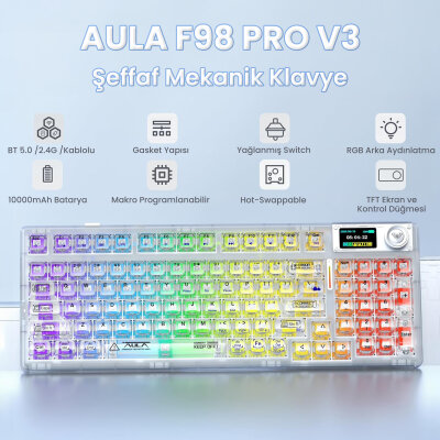 Aula F98 Pro V3 OLED Ekranlı RGB Mekanik Gaming Kablosuz Oyuncu Klavyesi Crystal Switch Hot Swap Gasket Makrolu Şeffaf - 2