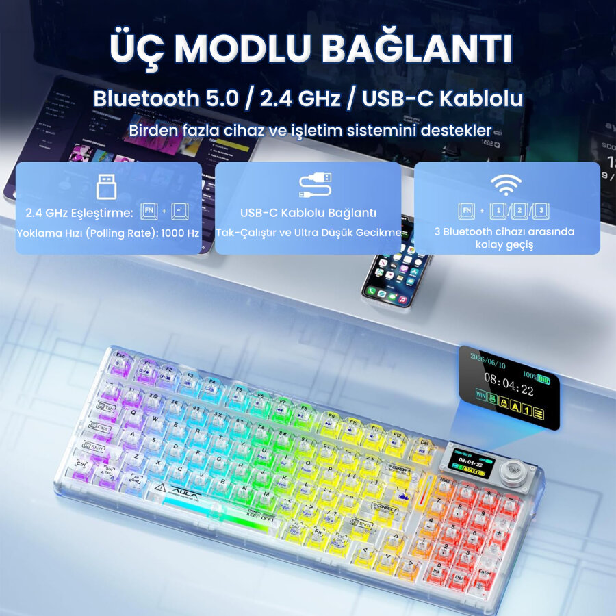 Aula F98 Pro V3 OLED Ekranlı RGB Mekanik Gaming Kablosuz Oyuncu Klavyesi Crystal Switch Hot Swap Gasket Makrolu Şeffaf - 3