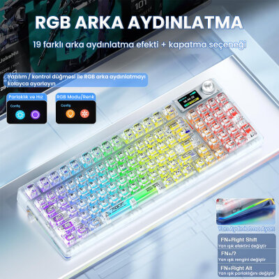 Aula F98 Pro V3 OLED Ekranlı RGB Mekanik Gaming Kablosuz Oyuncu Klavyesi Crystal Switch Hot Swap Gasket Makrolu Şeffaf - 4