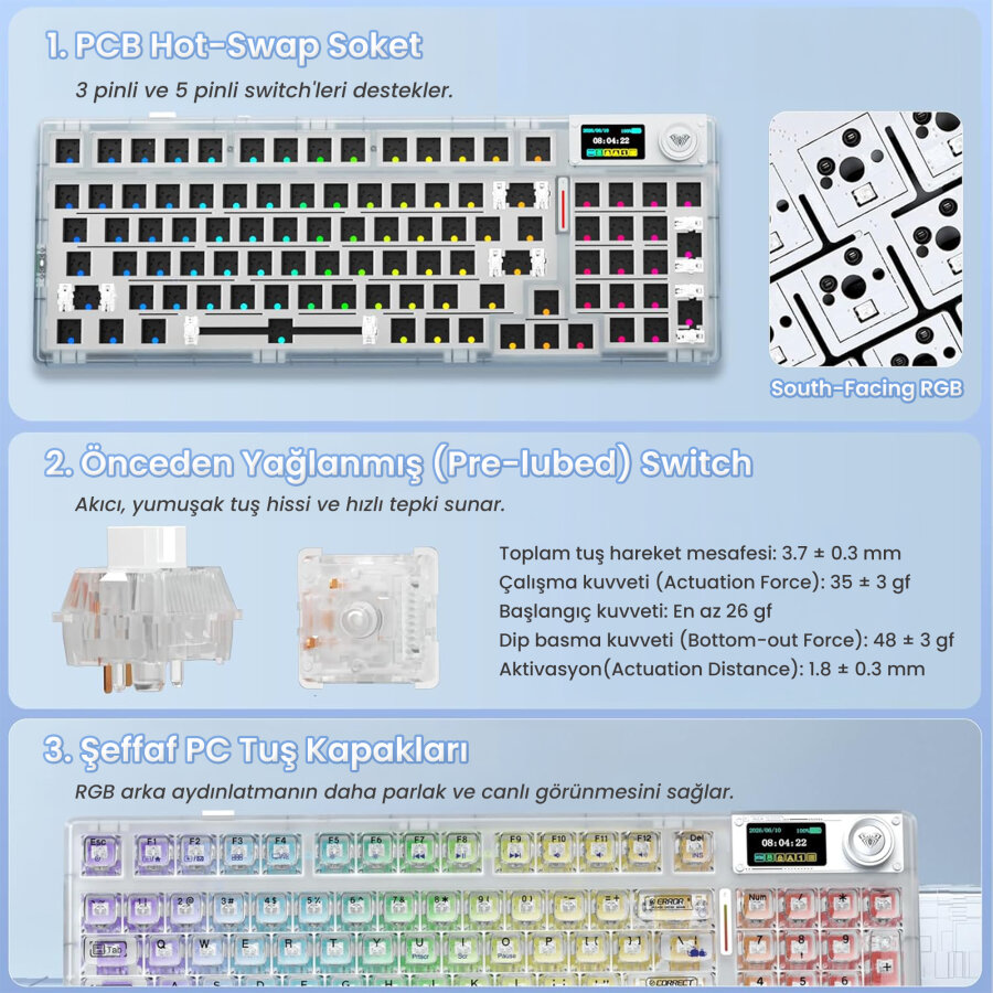 Aula F98 Pro V3 OLED Ekranlı RGB Mekanik Gaming Kablosuz Oyuncu Klavyesi Crystal Switch Hot Swap Gasket Makrolu Şeffaf - 6