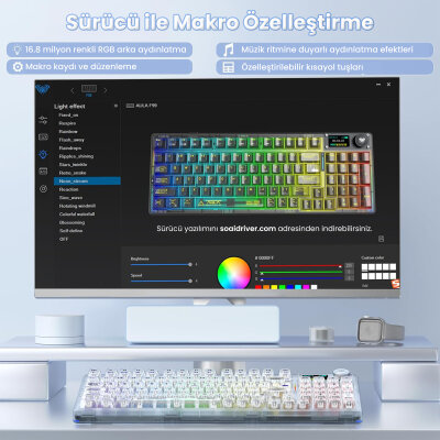 Aula F98 Pro V3 OLED Ekranlı RGB Mekanik Gaming Kablosuz Oyuncu Klavyesi Crystal Switch Hot Swap Gasket Makrolu Şeffaf - 8