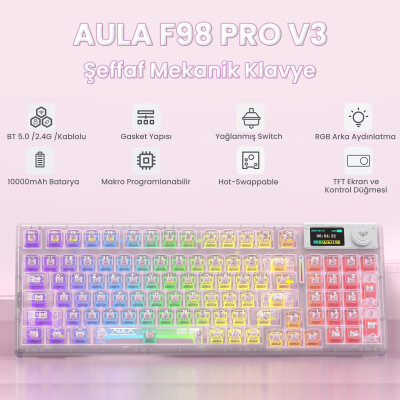 Aula F98 Pro V3 OLED Ekranlı RGB Mekanik Gaming Kablosuz Oyuncu Klavyesi Crystal Switch Hot Swap Gasket Makrolu Şeffaf Pembe - 2