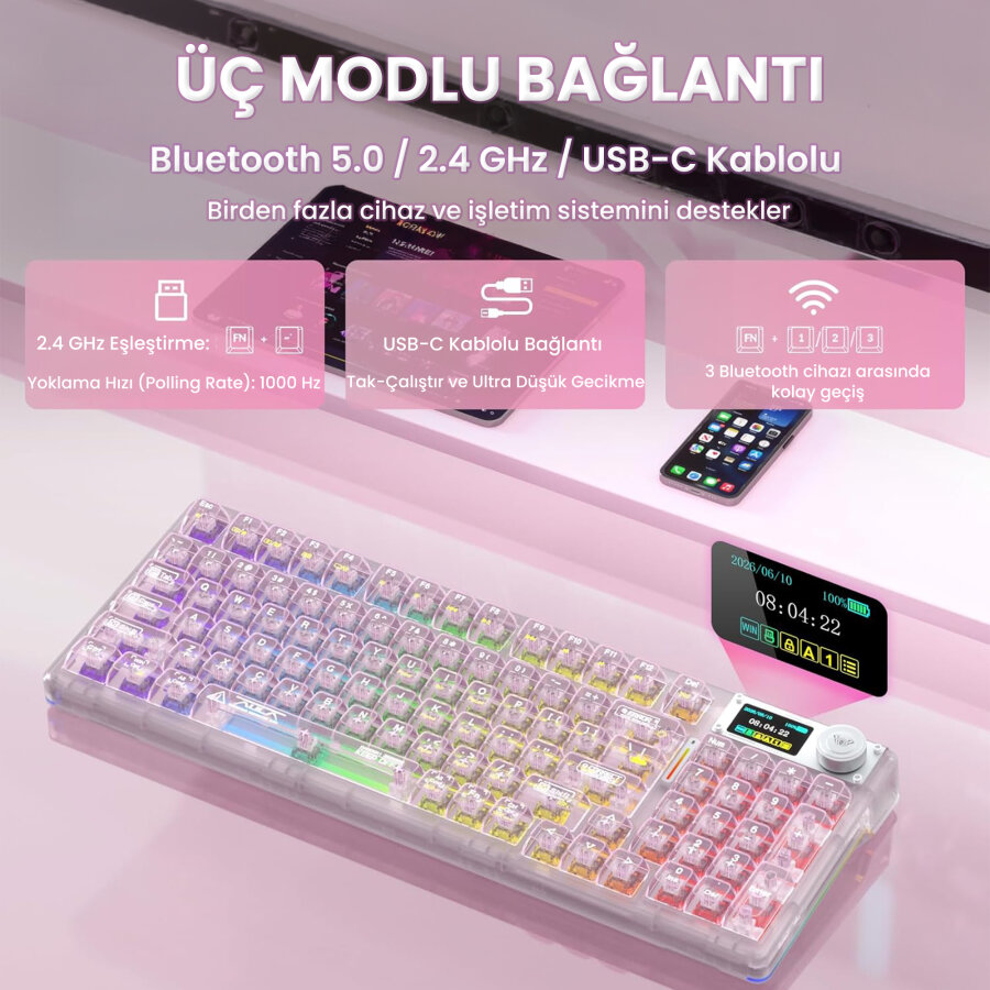 Aula F98 Pro V3 OLED Ekranlı RGB Mekanik Gaming Kablosuz Oyuncu Klavyesi Crystal Switch Hot Swap Gasket Makrolu Şeffaf Pembe - 3