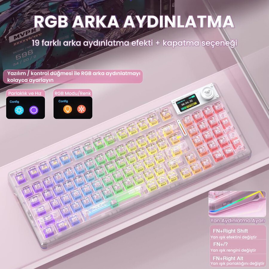 Aula F98 Pro V3 OLED Ekranlı RGB Mekanik Gaming Kablosuz Oyuncu Klavyesi Crystal Switch Hot Swap Gasket Makrolu Şeffaf Pembe - 4