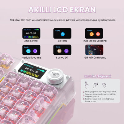 Aula F98 Pro V3 OLED Ekranlı RGB Mekanik Gaming Kablosuz Oyuncu Klavyesi Crystal Switch Hot Swap Gasket Makrolu Şeffaf Pembe - 5