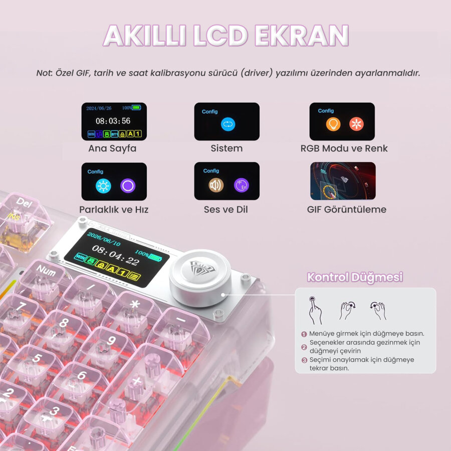 Aula F98 Pro V3 OLED Ekranlı RGB Mekanik Gaming Kablosuz Oyuncu Klavyesi Crystal Switch Hot Swap Gasket Makrolu Şeffaf Pembe - 5