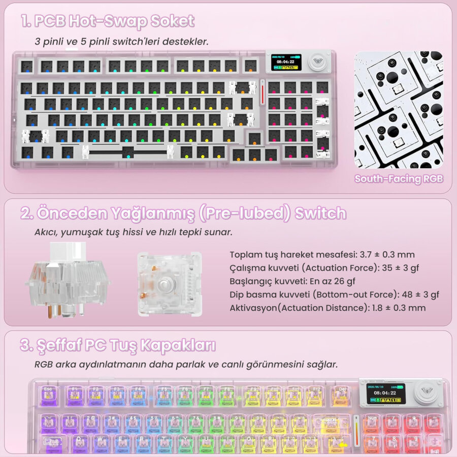 Aula F98 Pro V3 OLED Ekranlı RGB Mekanik Gaming Kablosuz Oyuncu Klavyesi Crystal Switch Hot Swap Gasket Makrolu Şeffaf Pembe - 6
