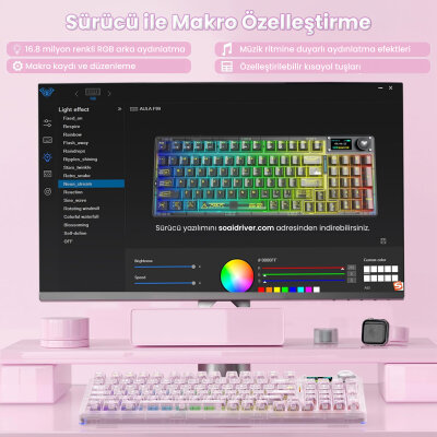 Aula F98 Pro V3 OLED Ekranlı RGB Mekanik Gaming Kablosuz Oyuncu Klavyesi Crystal Switch Hot Swap Gasket Makrolu Şeffaf Pembe - 8
