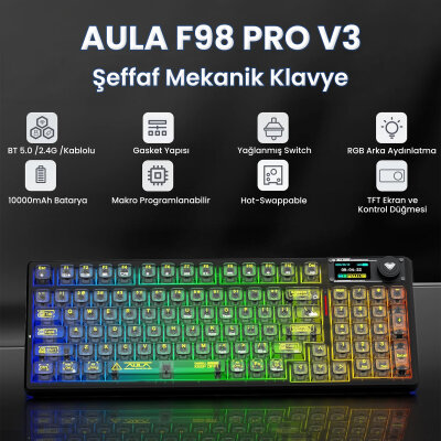 Aula F98 Pro V3 OLED Ekranlı RGB Mekanik Gaming Kablosuz Oyuncu Klavyesi Crystal Switch Hot Swap Gasket Makrolu Şeffaf Siyah - 2