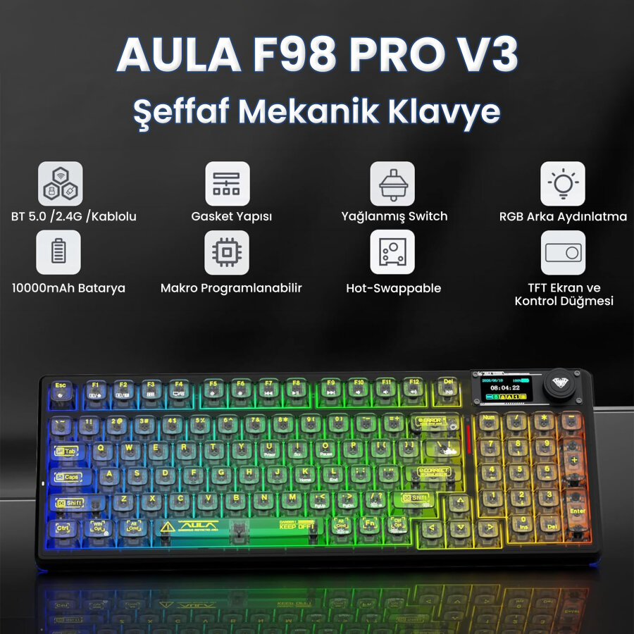 Aula F98 Pro V3 OLED Ekranlı RGB Mekanik Gaming Kablosuz Oyuncu Klavyesi Crystal Switch Hot Swap Gasket Makrolu Şeffaf Siyah - 2