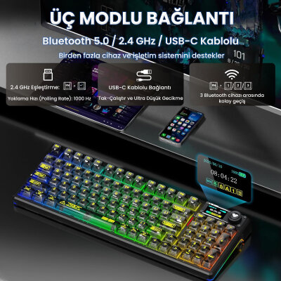 Aula F98 Pro V3 OLED Ekranlı RGB Mekanik Gaming Kablosuz Oyuncu Klavyesi Crystal Switch Hot Swap Gasket Makrolu Şeffaf Siyah - 3