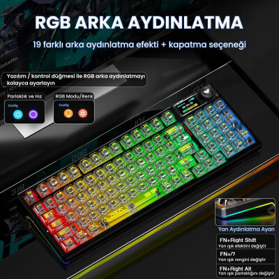 Aula F98 Pro V3 OLED Ekranlı RGB Mekanik Gaming Kablosuz Oyuncu Klavyesi Crystal Switch Hot Swap Gasket Makrolu Şeffaf Siyah - 4