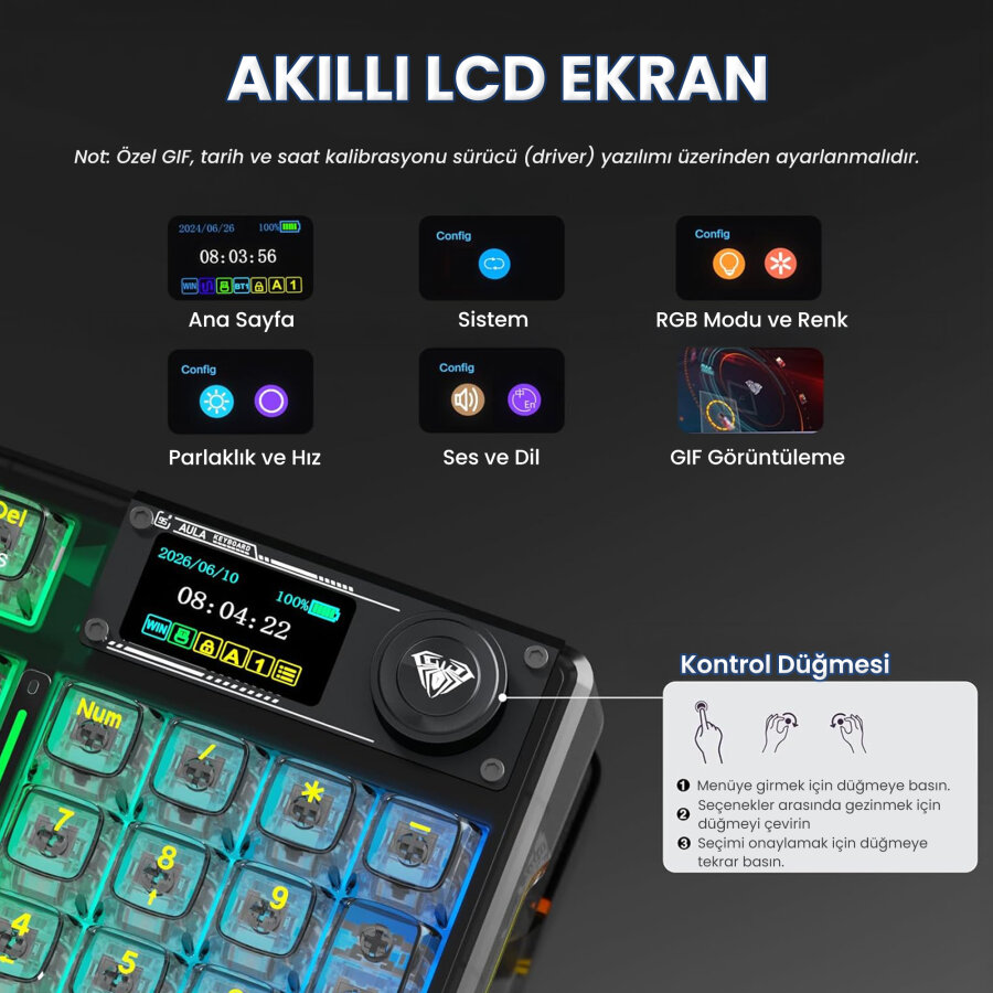 Aula F98 Pro V3 OLED Ekranlı RGB Mekanik Gaming Kablosuz Oyuncu Klavyesi Crystal Switch Hot Swap Gasket Makrolu Şeffaf Siyah - 5