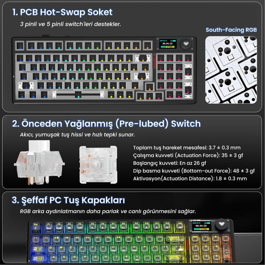 Aula F98 Pro V3 OLED Ekranlı RGB Mekanik Gaming Kablosuz Oyuncu Klavyesi Crystal Switch Hot Swap Gasket Makrolu Şeffaf Siyah - 6