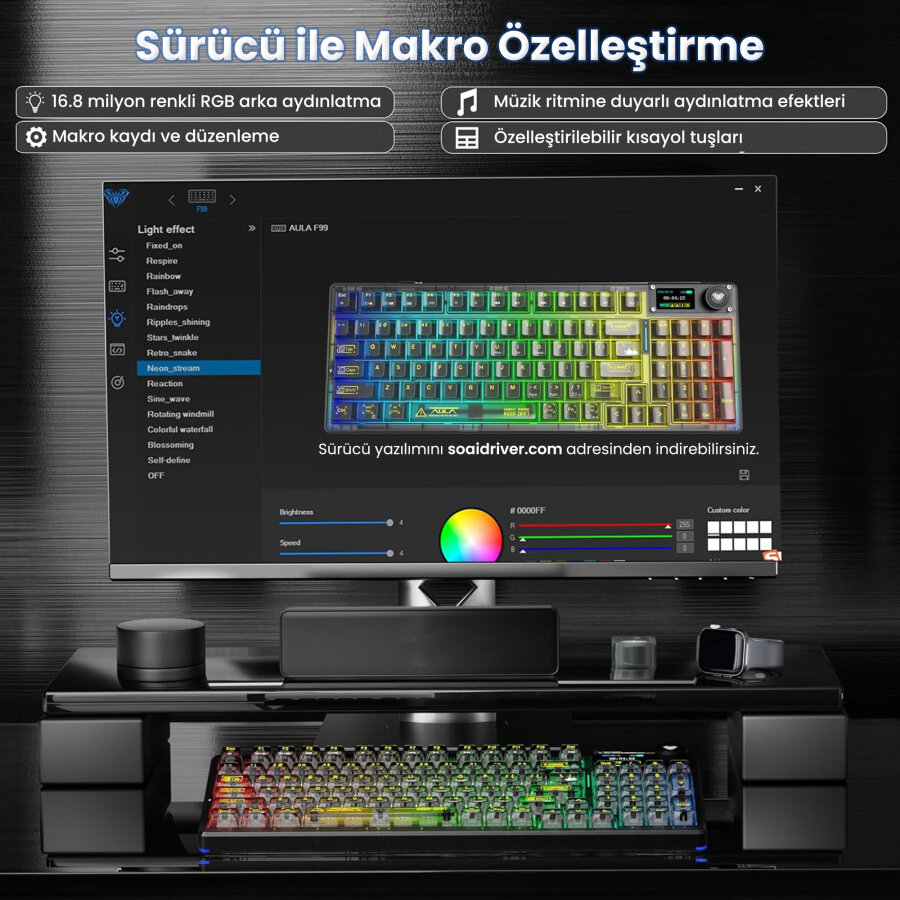 Aula F98 Pro V3 OLED Ekranlı RGB Mekanik Gaming Kablosuz Oyuncu Klavyesi Crystal Switch Hot Swap Gasket Makrolu Şeffaf Siyah - 8