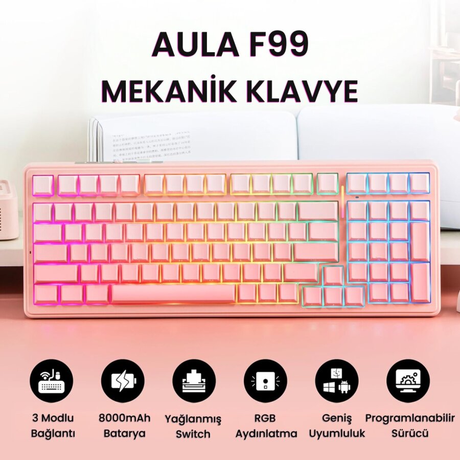 Aula F99 3 Modlu Mekanik Kablosuz Oyuncu Klavyesi RGB Hot Swap Dream Sakura Switch Makrolu Gradyan Pembe - 2