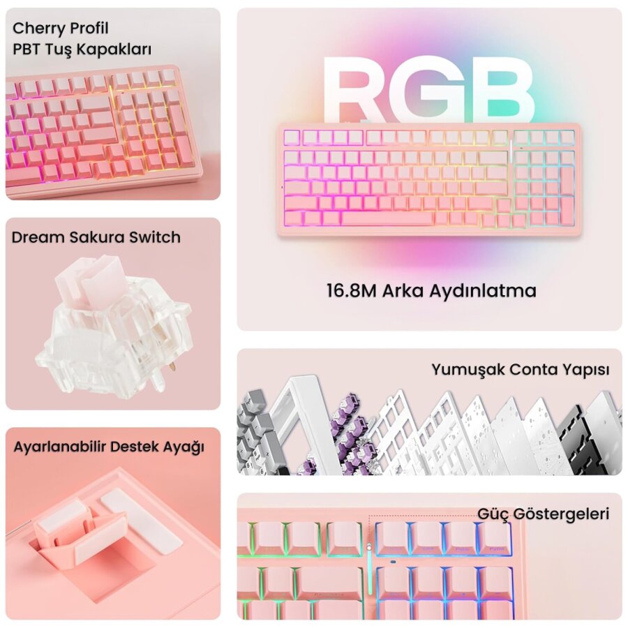 Aula F99 3 Modlu Mekanik Kablosuz Oyuncu Klavyesi RGB Hot Swap Dream Sakura Switch Makrolu Gradyan Pembe - 3