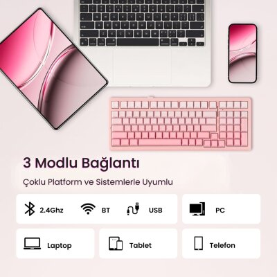 Aula F99 3 Modlu Mekanik Kablosuz Oyuncu Klavyesi RGB Hot Swap Dream Sakura Switch Makrolu Gradyan Pembe - 5