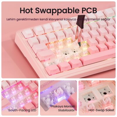 Aula F99 3 Modlu Mekanik Kablosuz Oyuncu Klavyesi RGB Hot Swap Dream Sakura Switch Makrolu Gradyan Pembe - 6