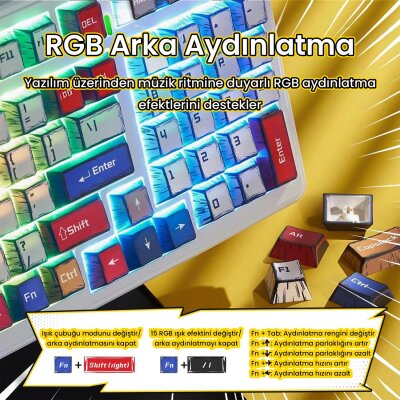 Aula F99 3 Modlu RGB Hot Swap Mekanik GrayWood V3 Switch Kablosuz Makrolu Gaming Klavye Comic - 4