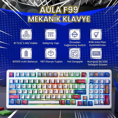 Aula F99 3 Modlu RGB Hot Swap Mekanik GrayWood V3 Switch Kablosuz Makrolu Gaming Klavye Comic - 2