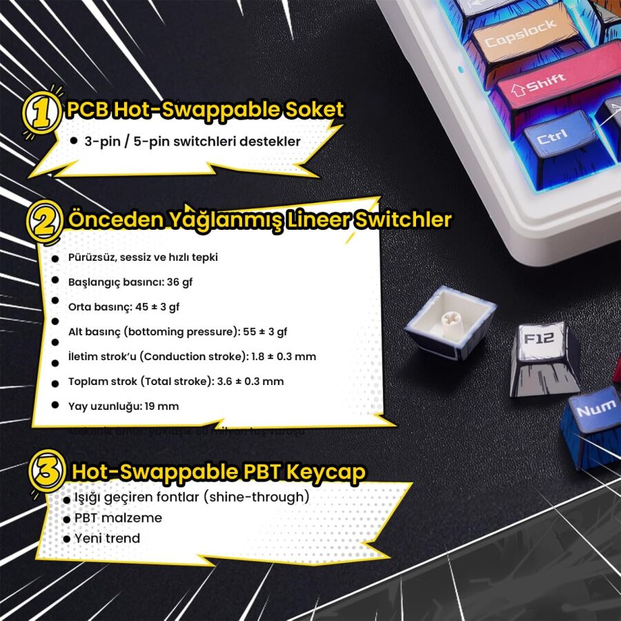 Aula F99 3 Modlu RGB Hot Swap Mekanik GrayWood V3 Switch Kablosuz Makrolu Gaming Klavye Comic - 8