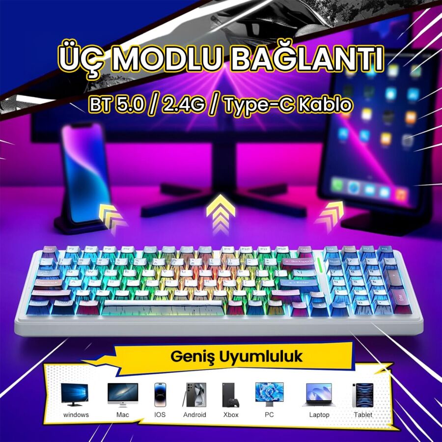 Aula F99 3 Modlu RGB Hot Swap Mekanik GrayWood V3 Switch Kablosuz Makrolu Gaming Klavye Comic - 3