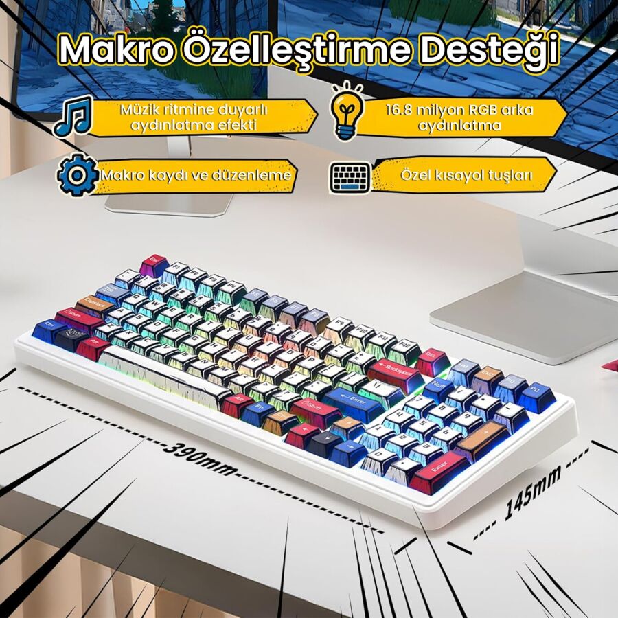 Aula F99 3 Modlu RGB Hot Swap Mekanik GrayWood V3 Switch Kablosuz Makrolu Gaming Klavye Comic - 6