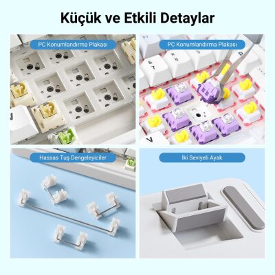 Aula F99 3 Modlu RGB Hot Swap Mekanik Linear GrayWood V3 Switch Kablosuz Makrolu Klavye Gri - 6