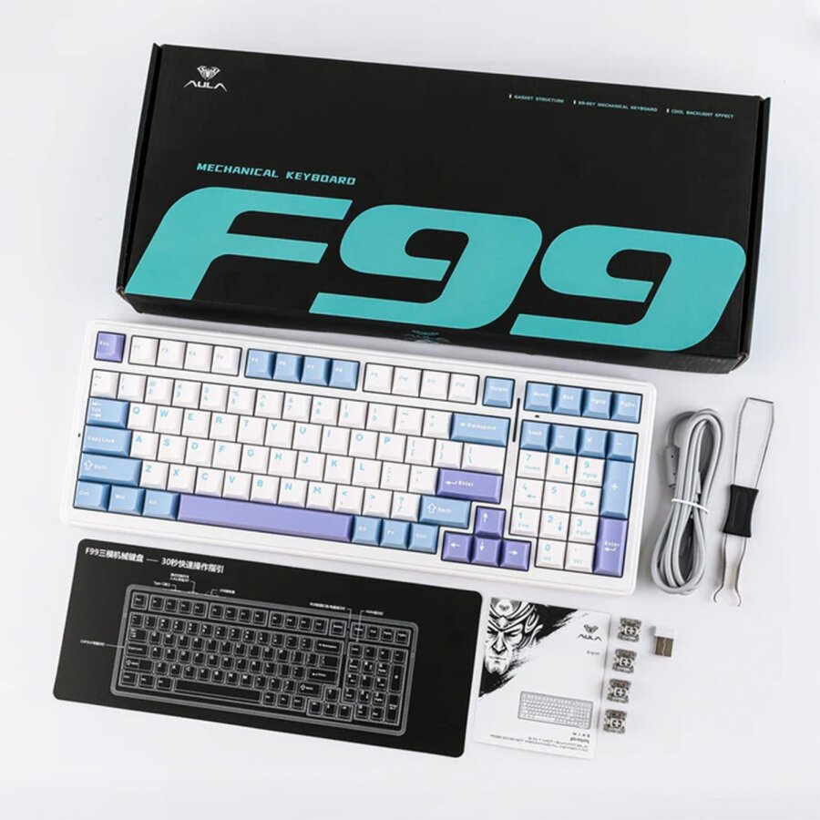 Aula F99 3 Modlu RGB Hot Swap Mekanik Linear GrayWood V3 Switch Kablosuz Makrolu Klavye Lila - 6
