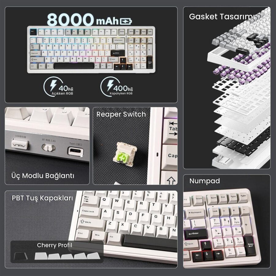 Aula F99 3 Modlu RGB Hot Swap Mekanik Reaper Switch Kablosuz Makrolu Gaming Klavye Gri - 2