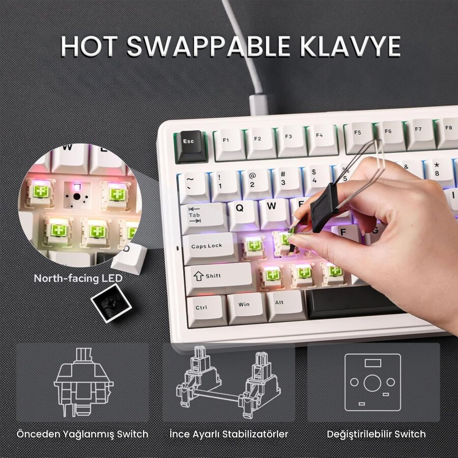 Aula F99 3 Modlu RGB Hot Swap Mekanik Reaper Switch Kablosuz Makrolu Gaming Klavye Gri - 3