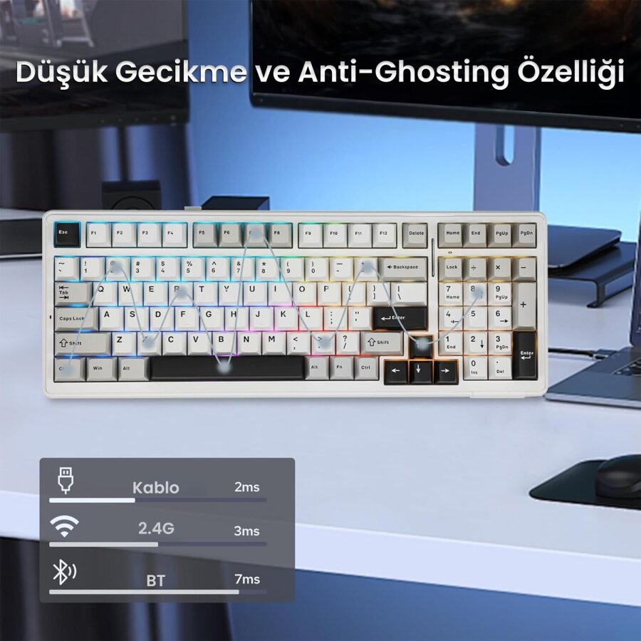 Aula F99 3 Modlu RGB Hot Swap Mekanik Reaper Switch Kablosuz Makrolu Gaming Klavye Gri - 6
