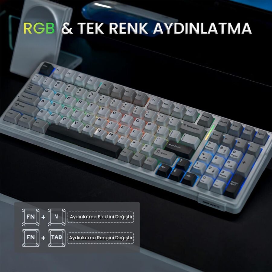 Aula F99 3 Modlu RGB Hot Swap Mekanik Reaper Switch Kablosuz Makrolu Gaming Klavye Gri - 4