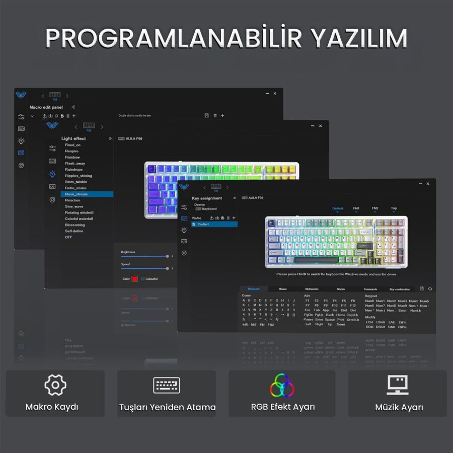 Aula F99 3 Modlu RGB Hot Swap Mekanik Reaper Switch Kablosuz Makrolu Gaming Klavye Gri - 5