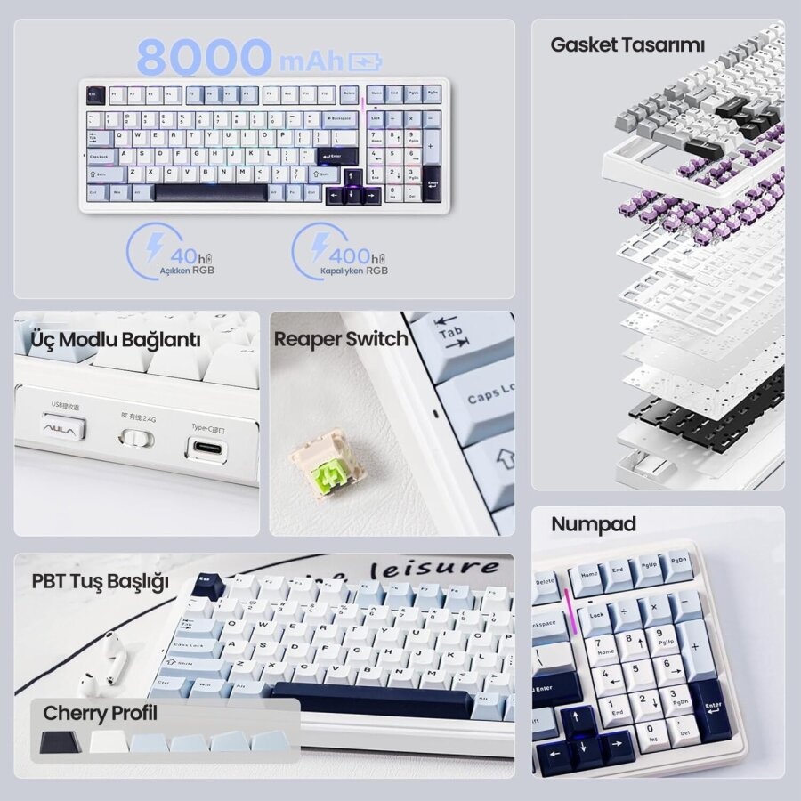 Aula F99 3 Modlu RGB Hot Swap Mekanik Reaper Switch Kablosuz Makrolu Klavye Lacivert - 4