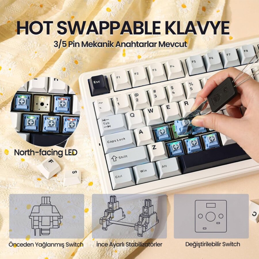 Aula F99 3 Modlu RGB Hot Swap Mekanik Reaper Switch Kablosuz Makrolu Klavye Lacivert - 6