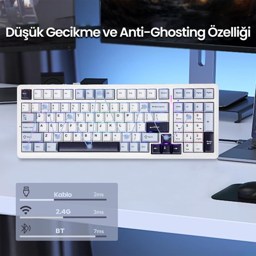 Aula F99 3 Modlu RGB Hot Swap Mekanik Reaper Switch Kablosuz Makrolu Klavye Lacivert - 9